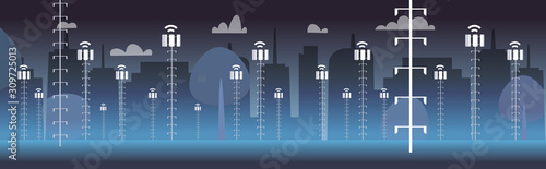 smart city 5G online wireless systems base station receiver connection concept fifth innovative generation of high speed internet horizontal cityscape background vector illustration