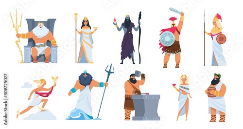 Greek gods. Cartoon ancient mythology characters, vector Zeus Ares a Poseidon gods and goddess isolated on white background. Cartoon image history character Greek culture collection