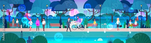 people relaxing in public park 5G online wireless system connection concept men women walking riding bicycle and communicating outdoor horizontal full length vector illustration