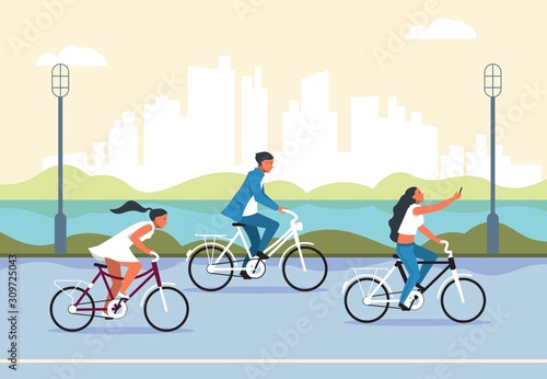 People riding bicycle. Cartoon active characters in city park riding bike, active and healthy lifestyle concept. Vector banner resting on fresh air group bikes tourists