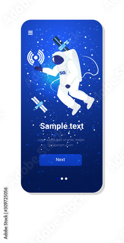astronaut exploring space cosmonaut in spacesuit using 5g wireless system internet connection astronomy cosmos concept smartphone screen mobile application full length copy space vertical vector