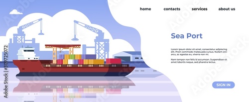 Marine port landing page. Maritime transportation and sea logistic web page with cargo ships and freight vessels. Vector webpage construction shipping industry distribution cargo