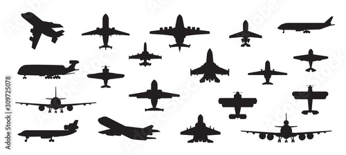 Airplane silhouette. Military jet plane and civil aviation passenger and cargo aircraft isolated on white. Vector air transport set for traveller on commercial jet
