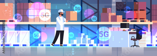 worker carrying cardboard box 5G online wireless communication concept modern warehouse interior horizontal full length vector illustration