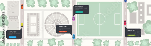 cars with chat bubble speech driving road social media network communication concept city streets with buildings top angle view horizontal vector illustration