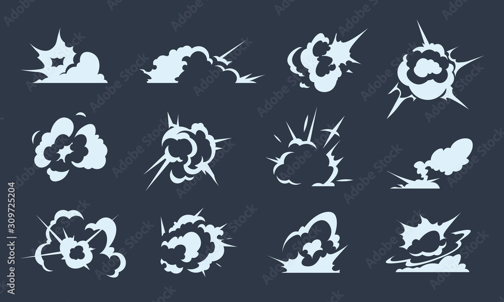 Cartoon explosion effect. Doodle smoke clouds and power blast effects, energy explosion and dust puff. Vector illustration comic spark set animation flash exploding Cartoon explosion effect. Doodle smoke clouds and power blast effects, energy explosion and dust puff. Vector illustration comic spark set animation flash exploding