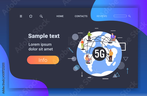mix race people using digital devices 5G online wireless systems connection fifth innovative generation of high speed internet concept world map full length horizontal copy space vector illustration