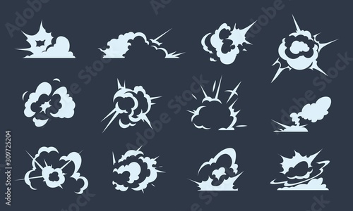 Cartoon explosion effect. Doodle smoke clouds and power blast effects, energy explosion and dust puff. Vector illustration comic spark set animation flash exploding
