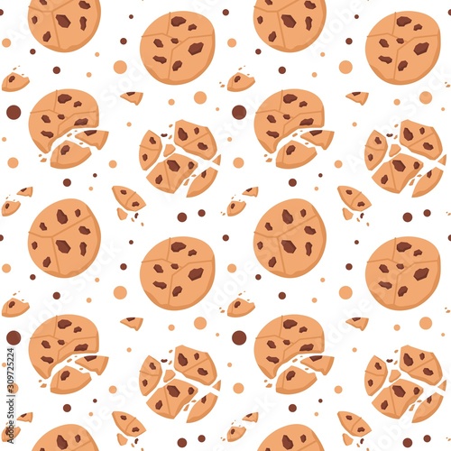 Chocolate cookies pattern. Cartoon seamless background texture of sweet bakery dessert with chocolate chips and crumbs. Vector funny sweet homemade cookies pattern