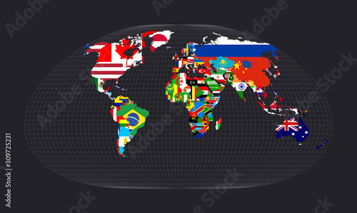 Map of the world with flags. Loximuthal projection. Map of the world with meridians on dark background. Vector illustration.