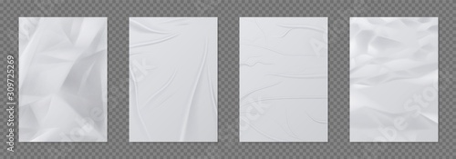 Wrinkled paper. Crumpled sheet of paper, empty realistic mockup for posters and banners. Vector 3D paper texture A4 pages, glued wet poster on wall