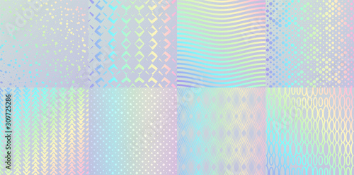 Holographic textures. Glitter foil confetti and metal rainbow gradient, pink and blue retro design. Vector trendy neon hologram with luminous patterns for elegant background logo or card