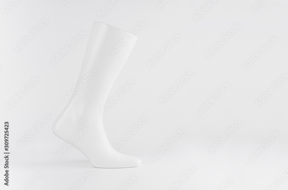 Abstract white statuette side view of white male foot on white background with copy space, mock up for presentation, design, advertising. Abstract white statuette side view of white male foot on white background with copy space, mock up for presentation, design, advertising.