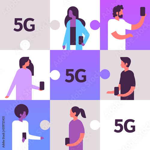 set mix race people using smartphones 5G online wireless system connection internet communication concept men women avatars collection puzzle jigsaw portrait vector illustration