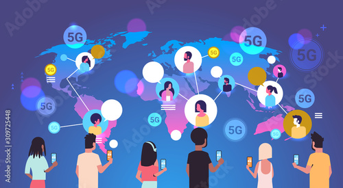 people using smartphones 5G online wireless system connection global communication concept mix race men women chatting world map background portrait horizontal vector illustration