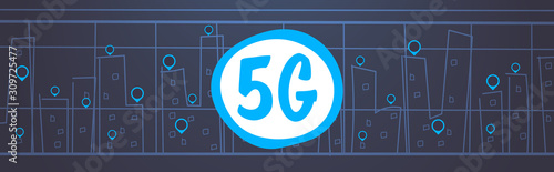 smart city 5G online communication network wireless systems connection concept fifth innovative generation of high speed internet location geo tags modern cityscape background horizontal vector