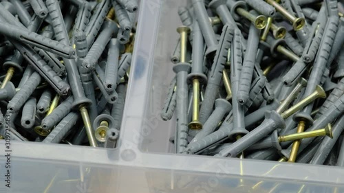 screws and dowels in a plastic box photo