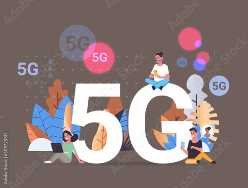 people using digital devices 5G online wireless system connection fifth innovative generation of high speed internet concept full length horizontal vector illustration