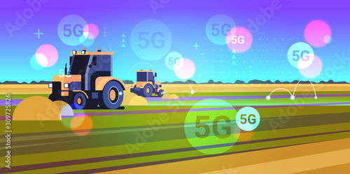 tractor plowing land 5G online wireless system connection heavy machinery working in field smart farming concept landscape background flat horizontal vector illustration