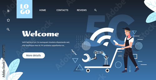 worker in uniform pushing trolley cart with robotic arm using smartphone 5G fifth innovative generation of wireless internet connection concept full length horizontal copy space vector illustration