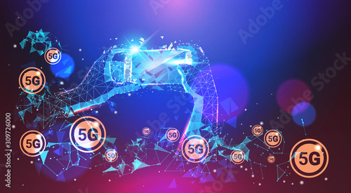 human hand using smartphone 5G digital wireless systems connection global network concept fifth innovative generation of high speed internet abstract technology background horizontal vector
