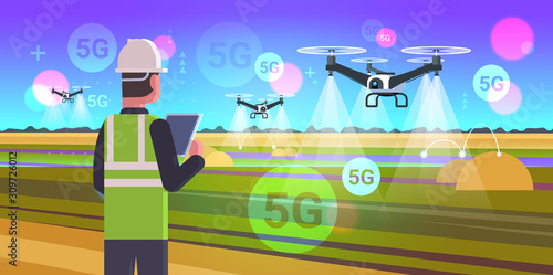 farmer using drone sprayer 5G online wireless system connection fifth innovative internet generation smart farming concept landscape background flat horizontal portrait vector illustration