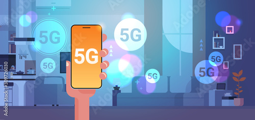human hand using smartphone 5G online wireless system connection fifth innovative generation of high speed internet concept modern living room interior horizontal vector illustration