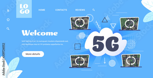 5G data cloud laptops network synchronization online communication wireless system connection concept fifth innovative generation of high speed internet horizontal copy space vector illustration