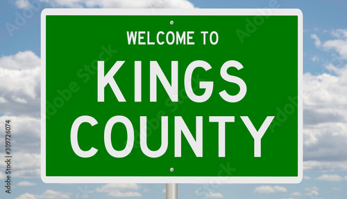 Rendering of a green 3d highway sign for Kings County