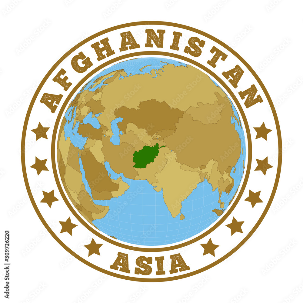 Afghanistan logo. Round badge of country with map of Afghanistan in world context. Country sticker stamp with globe map and round text. Vector illustration. Afghanistan logo. Round badge of country with map of Afghanistan in world context. Country sticker stamp with globe map and round text. Vector illustration.