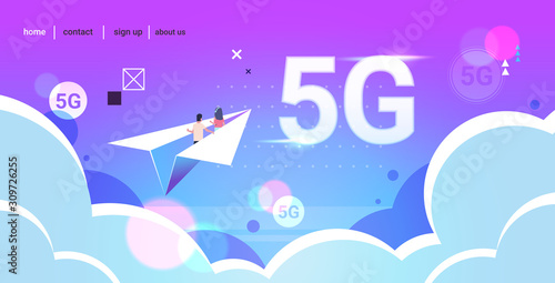 couple flying on paper origami plane 5G online wireless system connection internet surfing concept flat horizontal vector illustration
