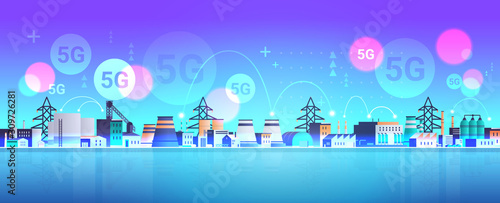 manufacturing factory buildings 5G online wireless system connection industrial zone plant with pipes and chimney power station production technology concept horizontal flat vector illustration