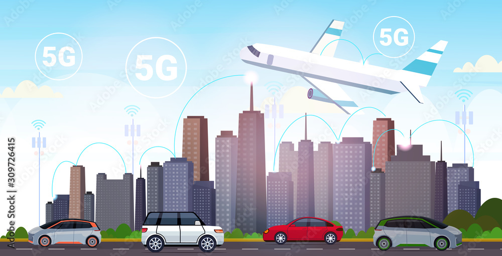 plane flying over smart city 5G online communication network wireless systems connection concept fifth innovative generation of high speed internet modern cityscape background horizontal vector