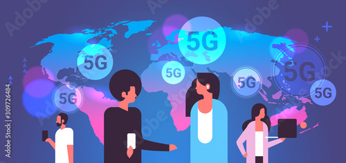 people using digital devices 5G online wireless system connection global communication fifth innovative generation of high speed internet concept portrait horizontal world map background vector