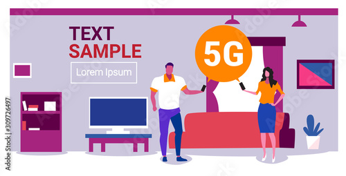 man woman using smartphones 5G online chat bubble communication fifth innovative generation of internet connection concept modern living room interior full length horizontal copy space vector