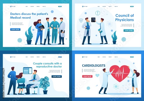Set 2D Flat concepts about work of doctors and medical personnel. For Landing page concepts and web design