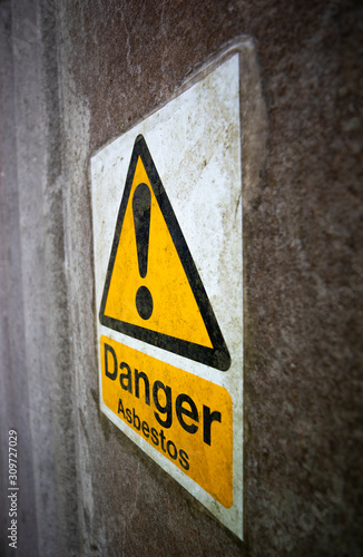 Asbestos warning sign, set of six naturally occurring silicate minerals made of microscopic fibres harmful when breathed in