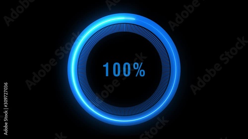 4K video animation of a circular preloader or progress bar counting from 0 to 100% with light streaks
