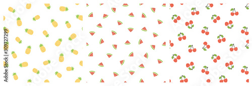 Kid's seamless pattern. Smiling pineapple, watermelon, cherry. Exotic fruit fashion print. Design elements for baby textile or clothes. Hand drawn doodle repeating delicacies. Cute wallpaper