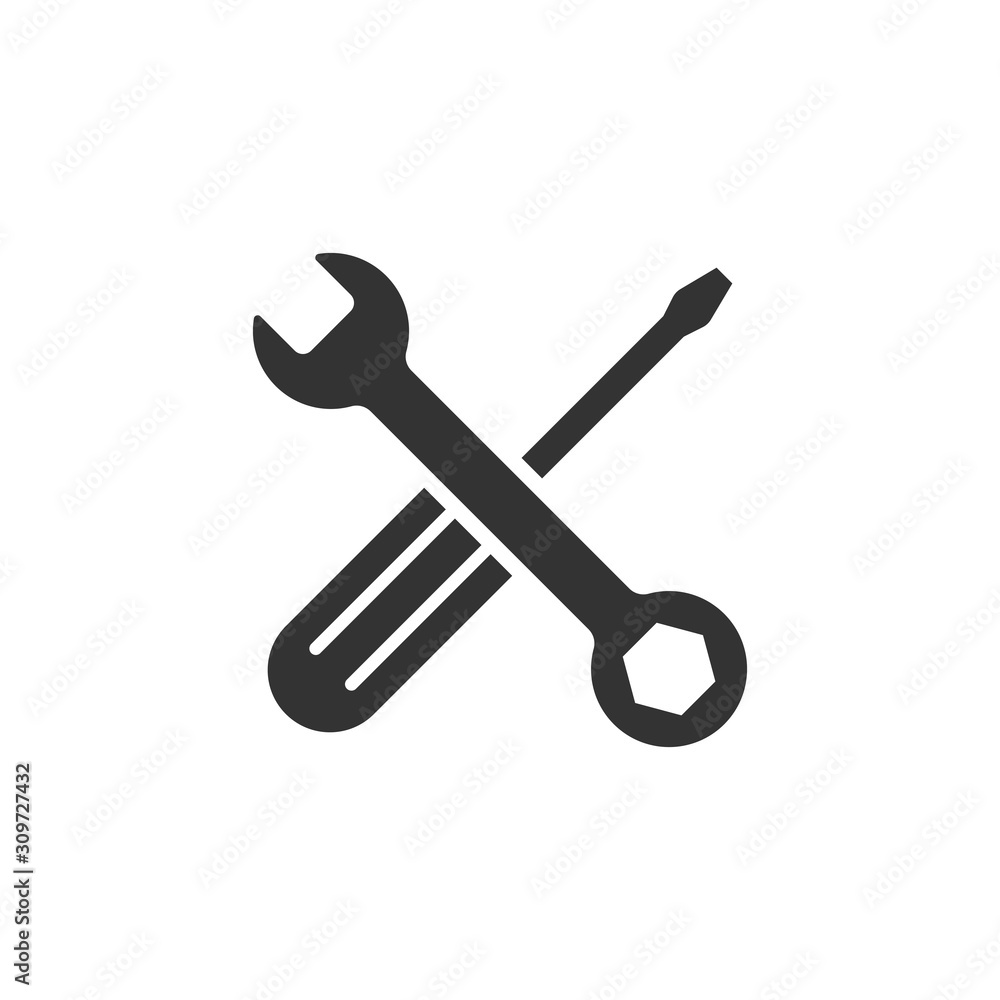 Wrench and screwdriver icon in flat style. Spanner key vector illustration on white isolated background. Repair equipment business concept. Wrench and screwdriver icon in flat style. Spanner key vector illustration on white isolated background. Repair equipment business concept.