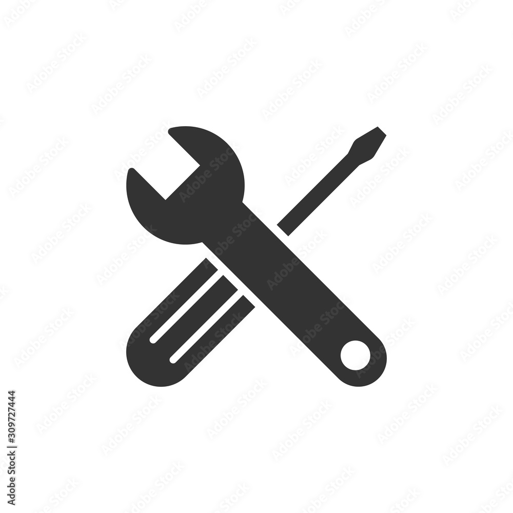 Wrench and screwdriver icon in flat style. Spanner key vector illustration on white isolated background. Repair equipment business concept. Wrench and screwdriver icon in flat style. Spanner key vector illustration on white isolated background. Repair equipment business concept.