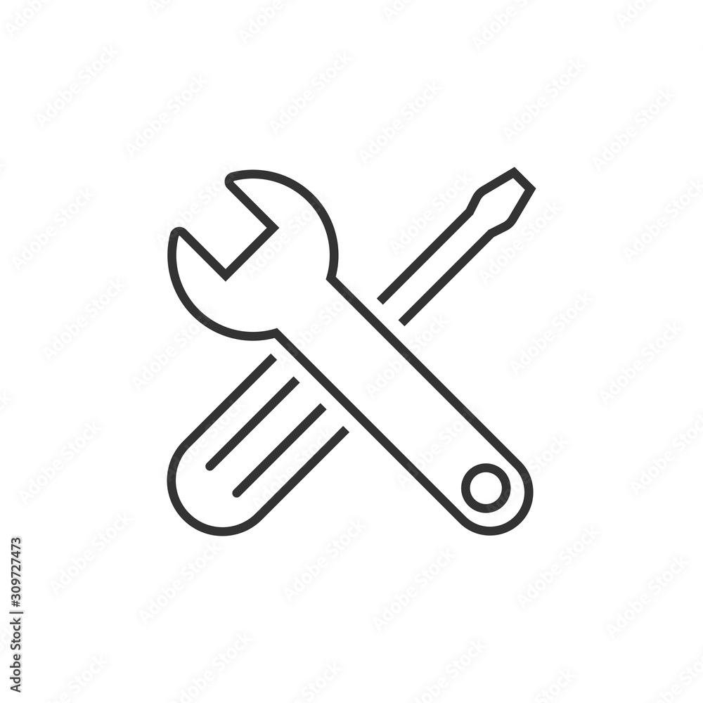 Wrench and screwdriver icon in flat style. Spanner key vector illustration on white isolated background. Repair equipment business concept. Wrench and screwdriver icon in flat style. Spanner key vector illustration on white isolated background. Repair equipment business concept.