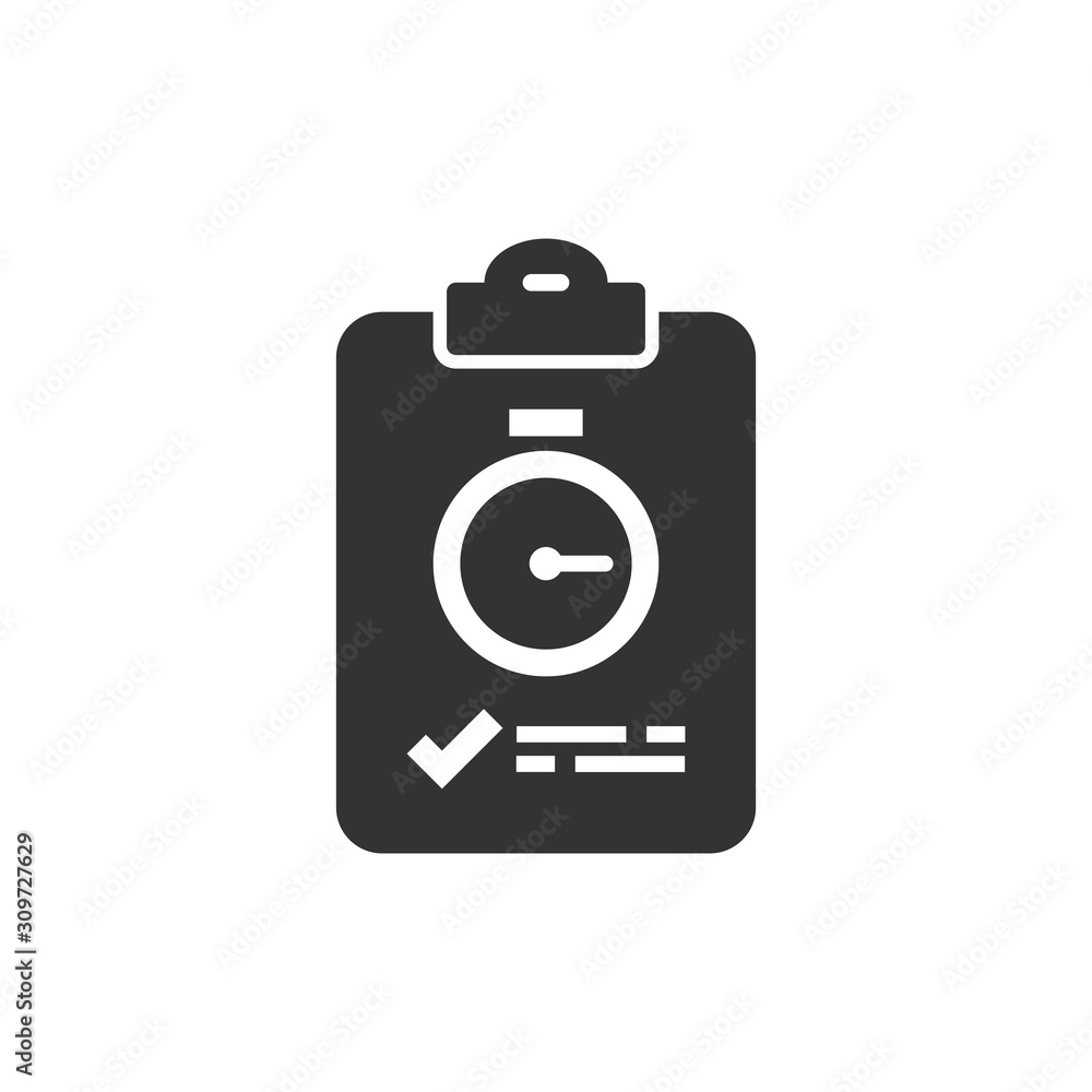 Document witch clock icon in flat style. Checklist survey vector illustration on white isolated background. Fast service business concept. Document witch clock icon in flat style. Checklist survey vector illustration on white isolated background. Fast service business concept.