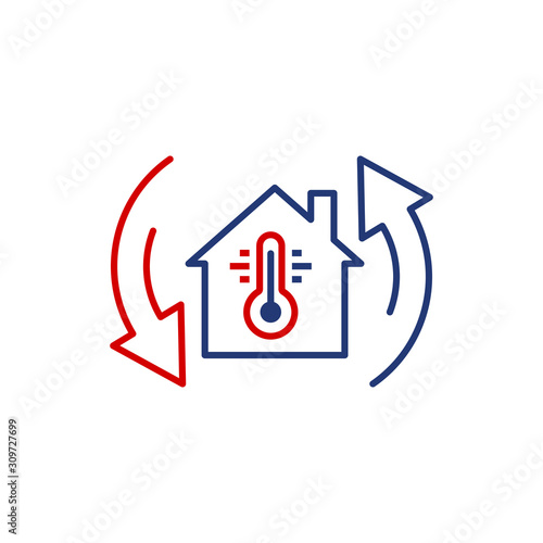 Thermometer home icon in flat style. House climate control vector illustration on white isolated background. Hot, cold temperature business concept.