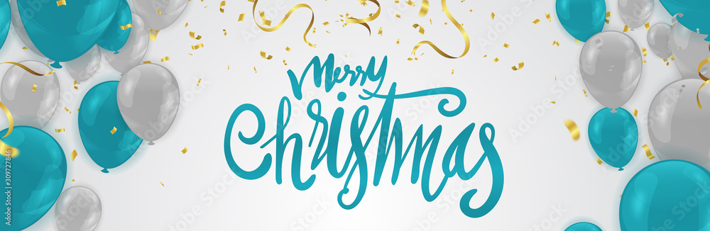Merry christmas wallpaper and Happy New Year Postcard or Poster with floating party balloons colourful . Vector illustration Merry christmas wallpaper and Happy New Year Postcard or Poster with floating party balloons colourful . Vector illustration