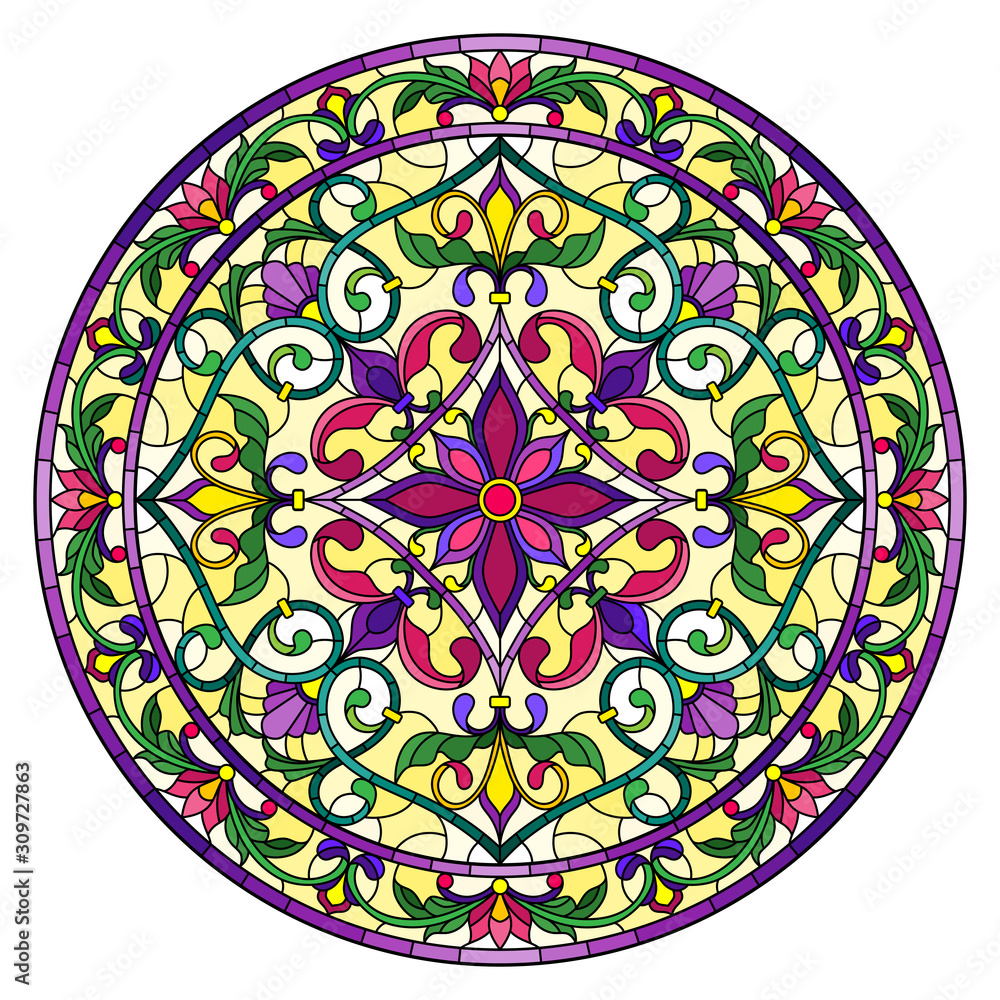 Illustration in stained glass style, round mirror image with floral ornaments and swirls,bright flowers on yellow background