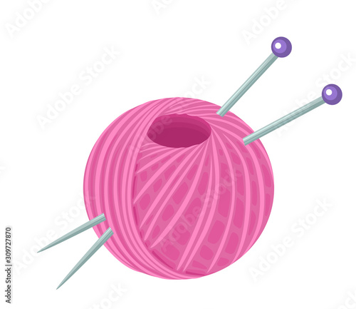 Pink yarn ball and knitting needles isolated on white background. Vector illustration of skein of thread in cartoon simple flat style. Hobby, craft, handmade concept.  