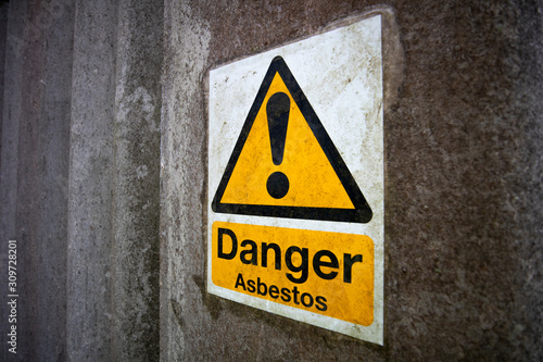 Asbestos warning sign, set of six naturally occurring silicate minerals made of microscopic fibres harmful when breathed in