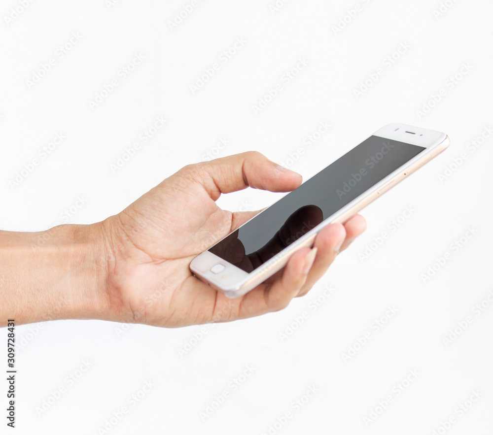 Holding a mobile phone black screen on a white background Holding a mobile phone black screen on a white background