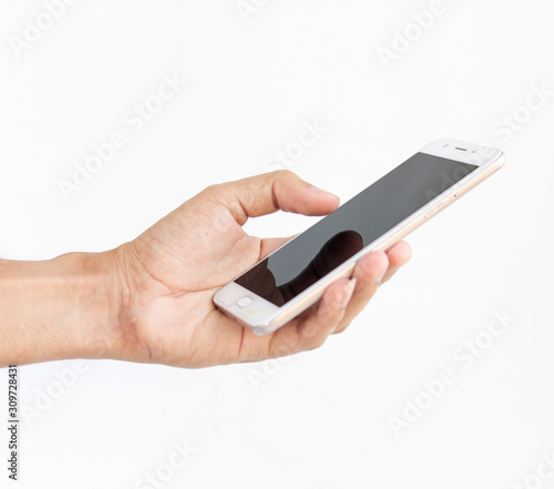 Wallpaper Mural Holding a mobile phone black screen on a white background Torontodigital.ca